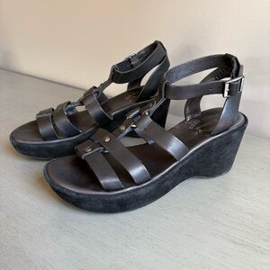 Kork- Ease Leather Suede Strappy Wedge Sling Back Studs Black Sandals Women 8